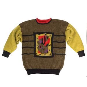 Vintage 90s Abstract Heavy Knitted Wool Sweater Oversize Thick Crew Neck Mens XL